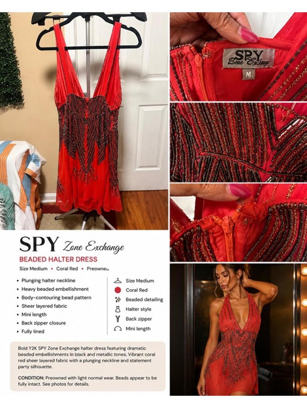 Coral Red Beaded Halter Mini Dress